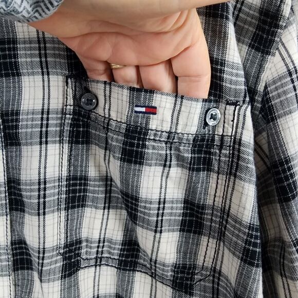 Hilfiger Denim Plaid Button Down Shirt Black White Size Large - Picture 10 of 11